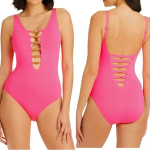 Bleu Rod Beattie Paradise Found Lace Down One Piece Bright Pink Size 4 NWT